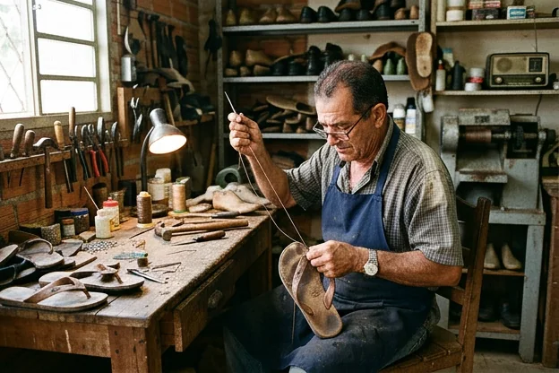 Profissional fazendo conserto em sandália, com foco nas técnicas utilizadas.