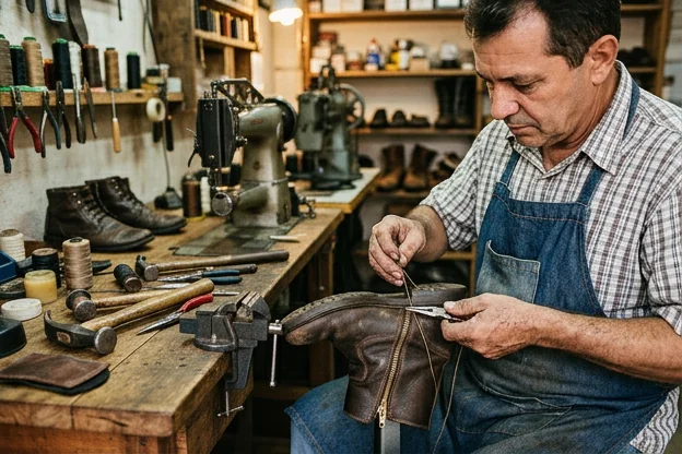 Técnico fazendo ajuste em zíper de bota, demonstrando cuidado no serviço.