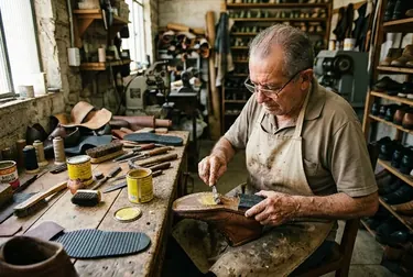 Profissional colando sola de sapato, utilizando colas específicas para o serviço.