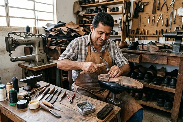 Sapateiro realizando a reforma em sapato social, focando na melhora estética.