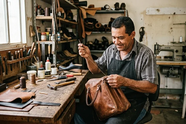 Técnico reformando bolsa de couro, destacando o processo de restauro.